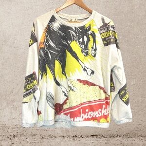 Red and Yellow Crew Neck Sweater with Bold Graphic Design